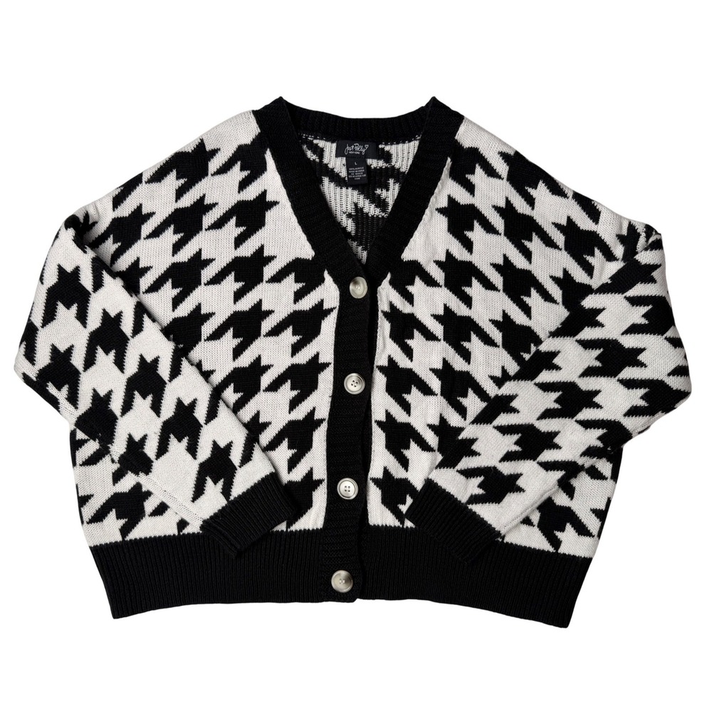 Just Polly New York Houndstooth Cardigan Sweater Black White Women's Size L‎
